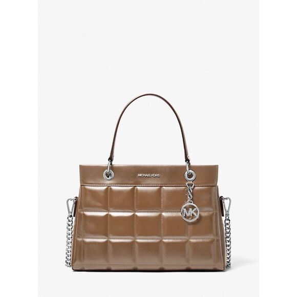 MICHAEL KORS Susan Medium Quilted Leather Tote Bag Brown Silver Hardware NWOT - Picture 1 of 10